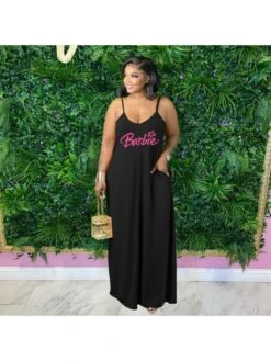 Sexy Letter Magenta Pink Sleeveless Loose Maxi Dress