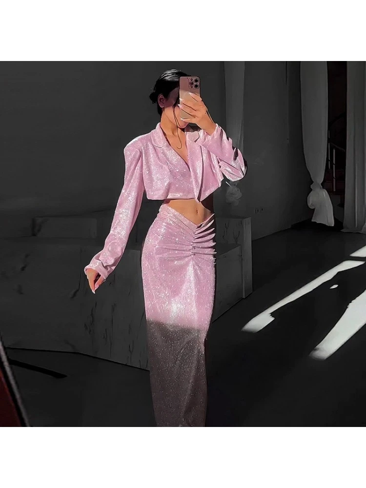 Pure Color Long Sleeve Short Wrap Hip Dress Set 4 Pure Color Long Sleeve Short Wrap Hip Dress Set - Image 2