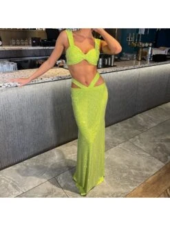 Sparkly Strappy Crop Top Sexy Belly Baring Fishtail Maxi Dress Set