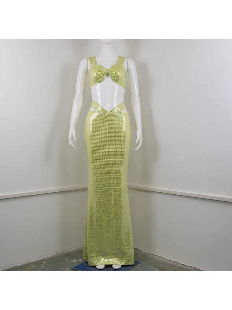 Sparkly Strappy Crop Top Sexy Belly Baring Fishtail Maxi Dress Set 7 Sparkly Strappy Crop Top Sexy Belly Baring Fishtail Maxi Dress Set - Image 5