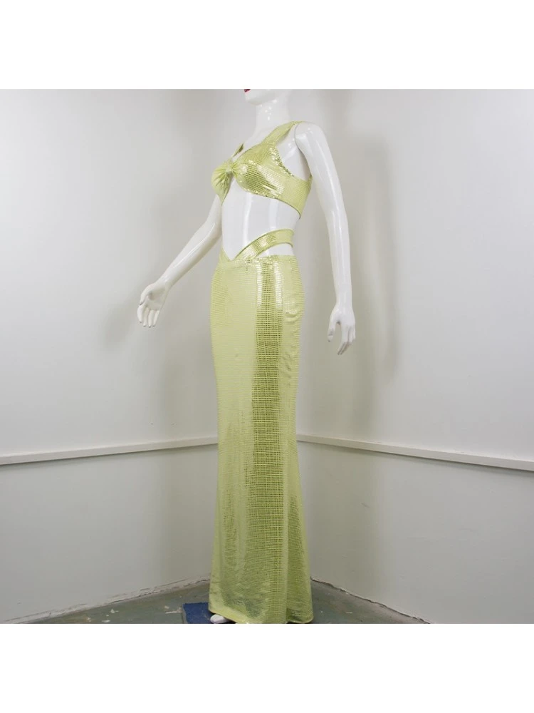 Sparkly Strappy Crop Top Sexy Belly Baring Fishtail Maxi Dress Set 8 Sparkly Strappy Crop Top Sexy Belly Baring Fishtail Maxi Dress Set - Image 6