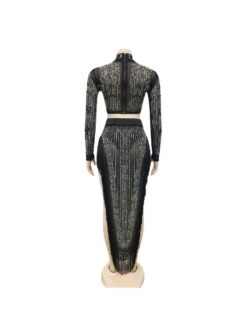 Mesh Perspective Long Sleeve Open Fork Long Dress Two Piece Set -Women's Clothing Shop P 20230902171031621 864