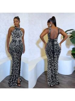 Plunge Neck Open Back Sequin Solid Color Dress