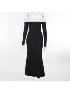 Off-shoulder Colorblock Patchwork Long Sleeve Dress -Women's Clothing Shop P 20230913130322917 829