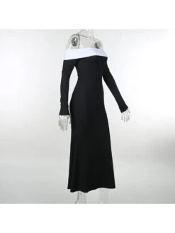 Off-shoulder Colorblock Patchwork Long Sleeve Dress -Women's Clothing Shop P 20230913130325397 879