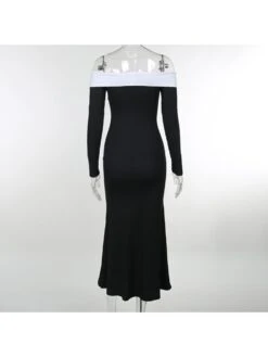 Off-shoulder Colorblock Patchwork Long Sleeve Dress -Women's Clothing Shop P 20230913130327888 896