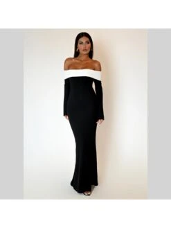 Off-shoulder Colorblock Patchwork Long Sleeve Dress -Women's Clothing Shop P 20230913130335294 358