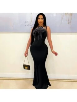 Hotfix Rhinestones Sleeveless Slim Maxi Dress