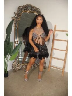 Hotfix Rhinestones Empire Waist Fitted Dress