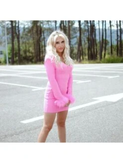 Solid Feather Patchwork Low Cut Slim Mini Dress -Women's Clothing Shop P 20231014170558493 834