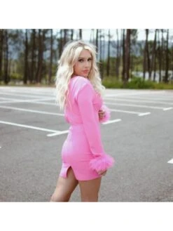 Solid Feather Patchwork Low Cut Slim Mini Dress -Women's Clothing Shop P 20231014170600814 327