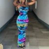 Abstract Printing Strapless Maxi Dress
