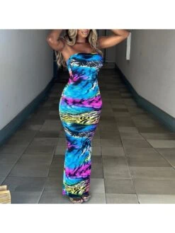 Abstract Printing Strapless Maxi Dress