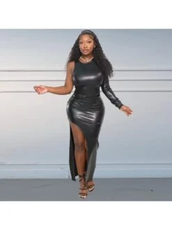 PU One-shoulder Split Hem Maxi Dress