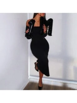 Fluff Off Shoulder Long Sleeve Maxi Dress -Women's Clothing Shop P 20231102150606822 417