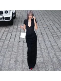 Deep V Neck Ruched Split Hem Maxi Dress