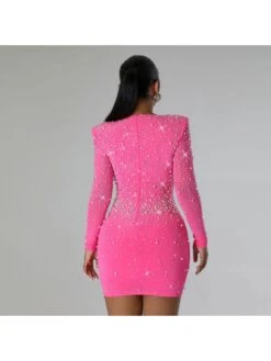 Hotfix Rhinestones Beaded Long Sleeves Dress -Women's Clothing Shop P 20231107194707954 853