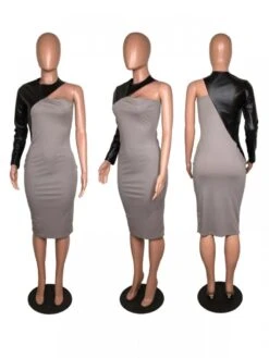 PU Patchwork One-shoulder Fitted Midi Dress -Women's Clothing Shop P 20231110191245601 268
