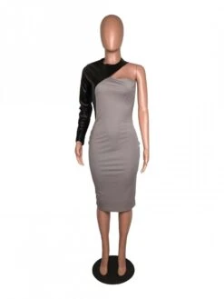 PU Patchwork One-shoulder Fitted Midi Dress -Women's Clothing Shop P 20231110191248070 493