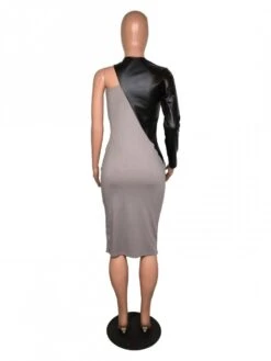 PU Patchwork One-shoulder Fitted Midi Dress -Women's Clothing Shop P 20231110191253322 281