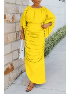 Irregular Ruched Lantern Sleeve Maxi Dress -Women's Clothing Shop P 20231111180219109 255