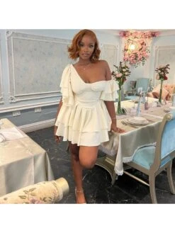 Irregular Ruffle One Shoulder Layered Mini Dress -Women's Clothing Shop P 20231114125409792 383