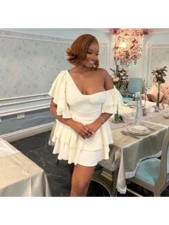 Irregular Ruffle One Shoulder Layered Mini Dress -Women's Clothing Shop P 20231114125417619 499