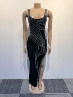 Patchwork Hotfix Rhinestones Sleeveless Dress -Women's Clothing Shop P 20231114132023054 603