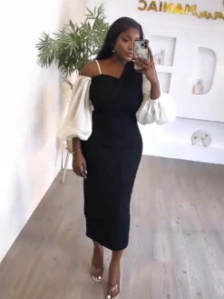 Patchwork Colorblock Lantern Sleeve Maxi Dress -Women's Clothing Shop P 20231115183513118 678