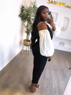 Patchwork Colorblock Lantern Sleeve Maxi Dress -Women's Clothing Shop P 20231115183515845 668