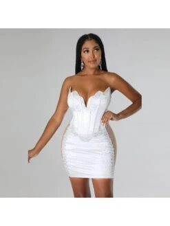 See Through Embellished Strapless Mini Dress