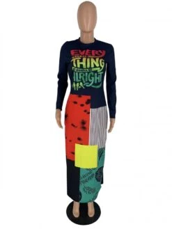 Letter Round Neck Bodycon Maxi Dress -Women's Clothing Shop P 20231121104713219 538