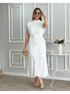 Pleated Lace Up Turtleneck Maxi Dress