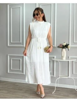 Pleated Lace Up Turtleneck Maxi Dress -Women's Clothing Shop P 20231122124921102 512