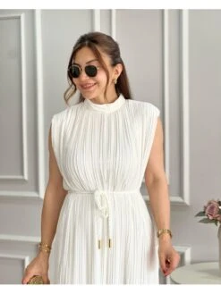 Pleated Lace Up Turtleneck Maxi Dress -Women's Clothing Shop P 20231122124924163 113