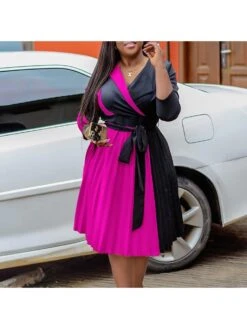 Colorblock Cross Bandage Pleated Midi Dress