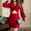 Patchwork Hollow Out V Neck Lantern Sleeve Dress