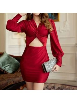 Patchwork Hollow Out V Neck Lantern Sleeve Dress