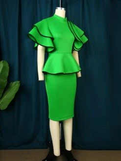 Christmas Ruffle Patchwork Stand Collar Dress -Women's Clothing Shop P 20231201165927650 420