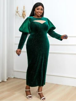 Christmas Patchwork Hollow Out Puff Sleeve Dress -Women's Clothing Shop P 20231201175818124 902