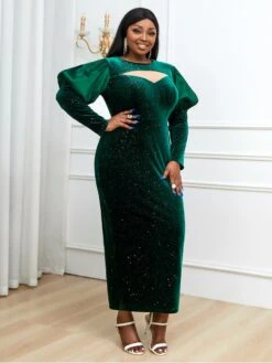 Christmas Patchwork Hollow Out Puff Sleeve Dress -Women's Clothing Shop P 20231201175824054 969