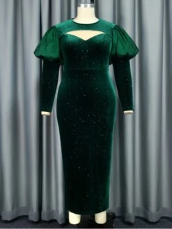 Christmas Patchwork Hollow Out Puff Sleeve Dress -Women's Clothing Shop P 20231201175826999 282