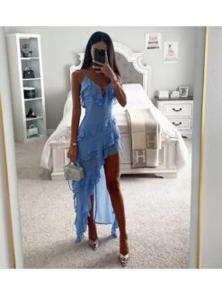 Irregular Spaghetti Straps Low-cut Dress -Women's Clothing Shop P 20231204164129399 880