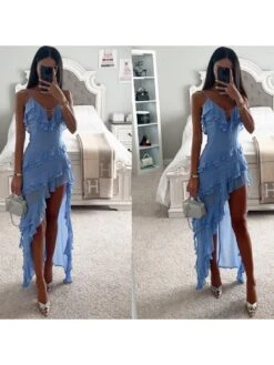 Irregular Spaghetti Straps Low-cut Dress -Women's Clothing Shop P 20231204164131981 764