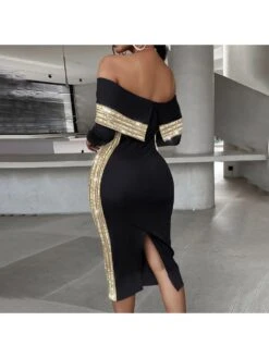 Sequin Patchwork Off Shoulder Fitted Midi Dress -Women's Clothing Shop P 20231208212121320 575