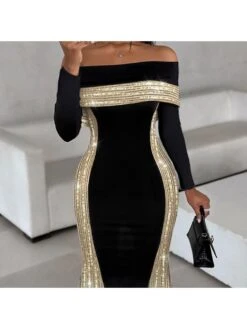 Sequin Patchwork Off Shoulder Fitted Midi Dress -Women's Clothing Shop P 20231208212123883 591