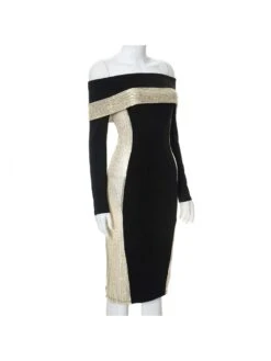 Sequin Patchwork Off Shoulder Fitted Midi Dress -Women's Clothing Shop P 20231208212128902 337