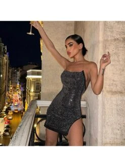 Sequin Patchwork Metal Chain Halter Mini Dress -Women's Clothing Shop P 20231211185927805 609