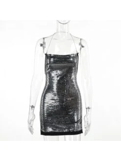 Sequin Patchwork Metal Chain Halter Mini Dress -Women's Clothing Shop P 20231211185935629 910