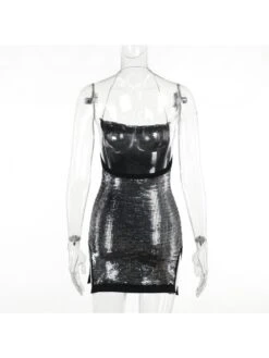 Sequin Patchwork Metal Chain Halter Mini Dress -Women's Clothing Shop P 20231211185938287 352